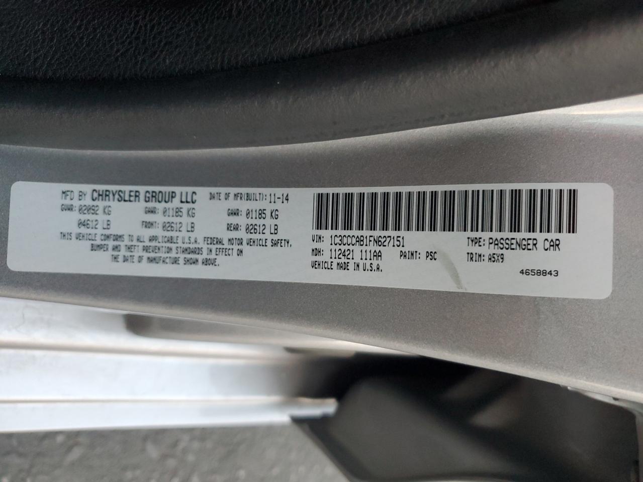 2015 Chrysler 200 Limited VIN: 1C3CCCAB1FN627151 Lot: 92436785