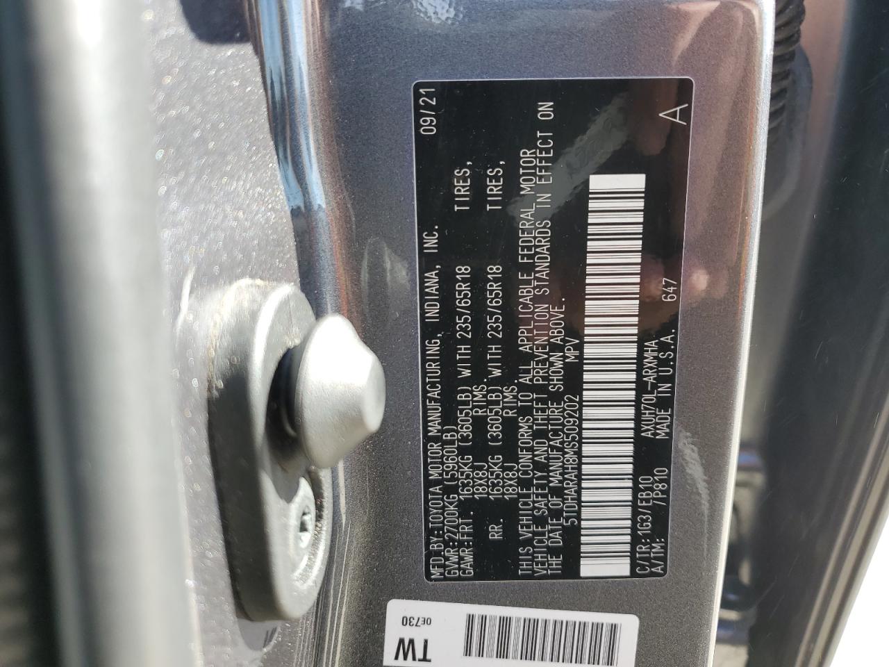 2021 Toyota Highlander Hybrid Xle VIN: 5TDHARAH8MS509202 Lot: 91452235