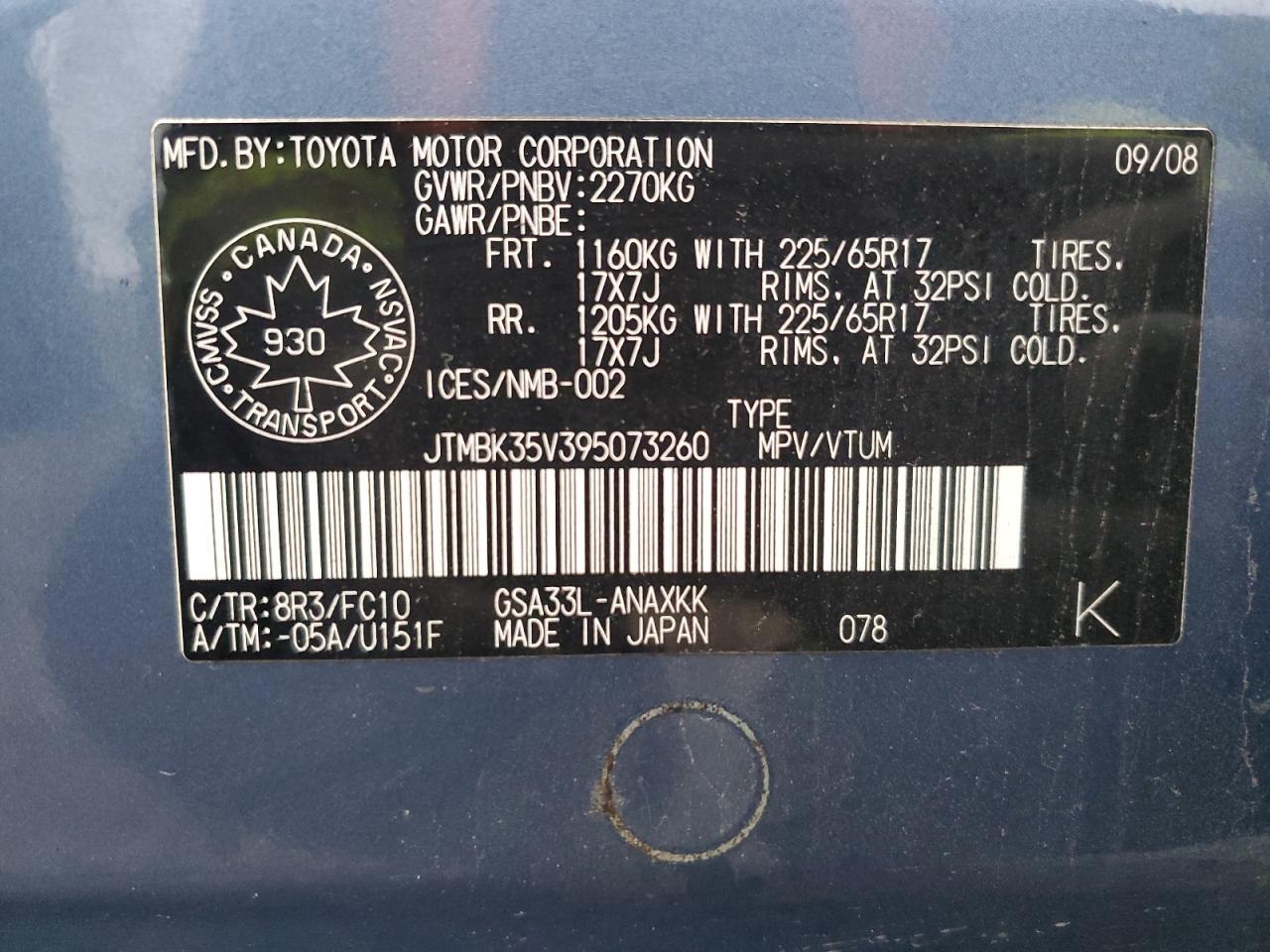 2009 Toyota Rav4 VIN: JTMBK35V395073260 Lot: 93061775