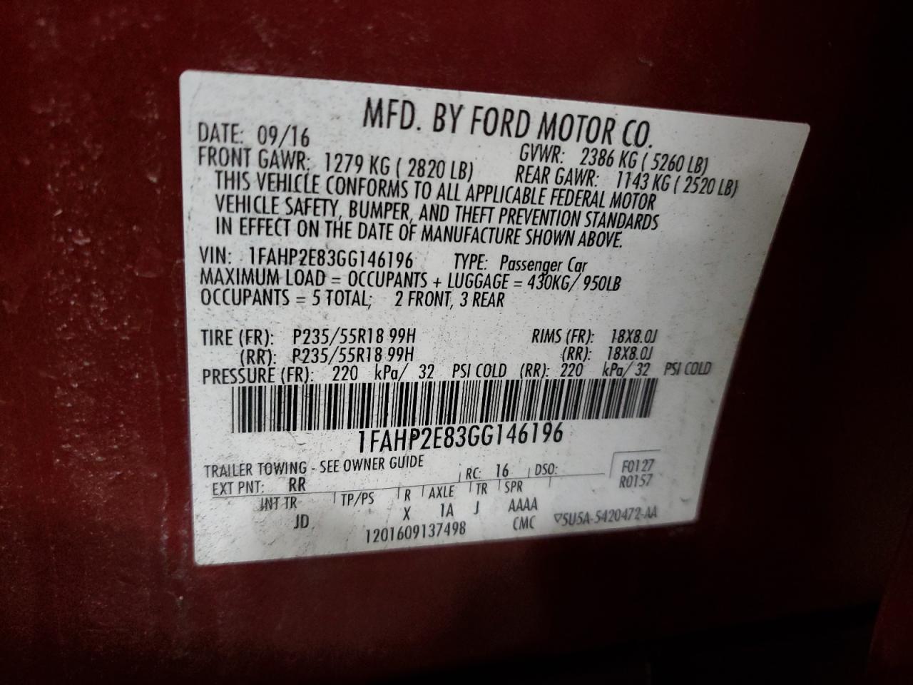 2016 Ford Taurus Sel VIN: 1FAHP2E83GG146196 Lot: 91818655