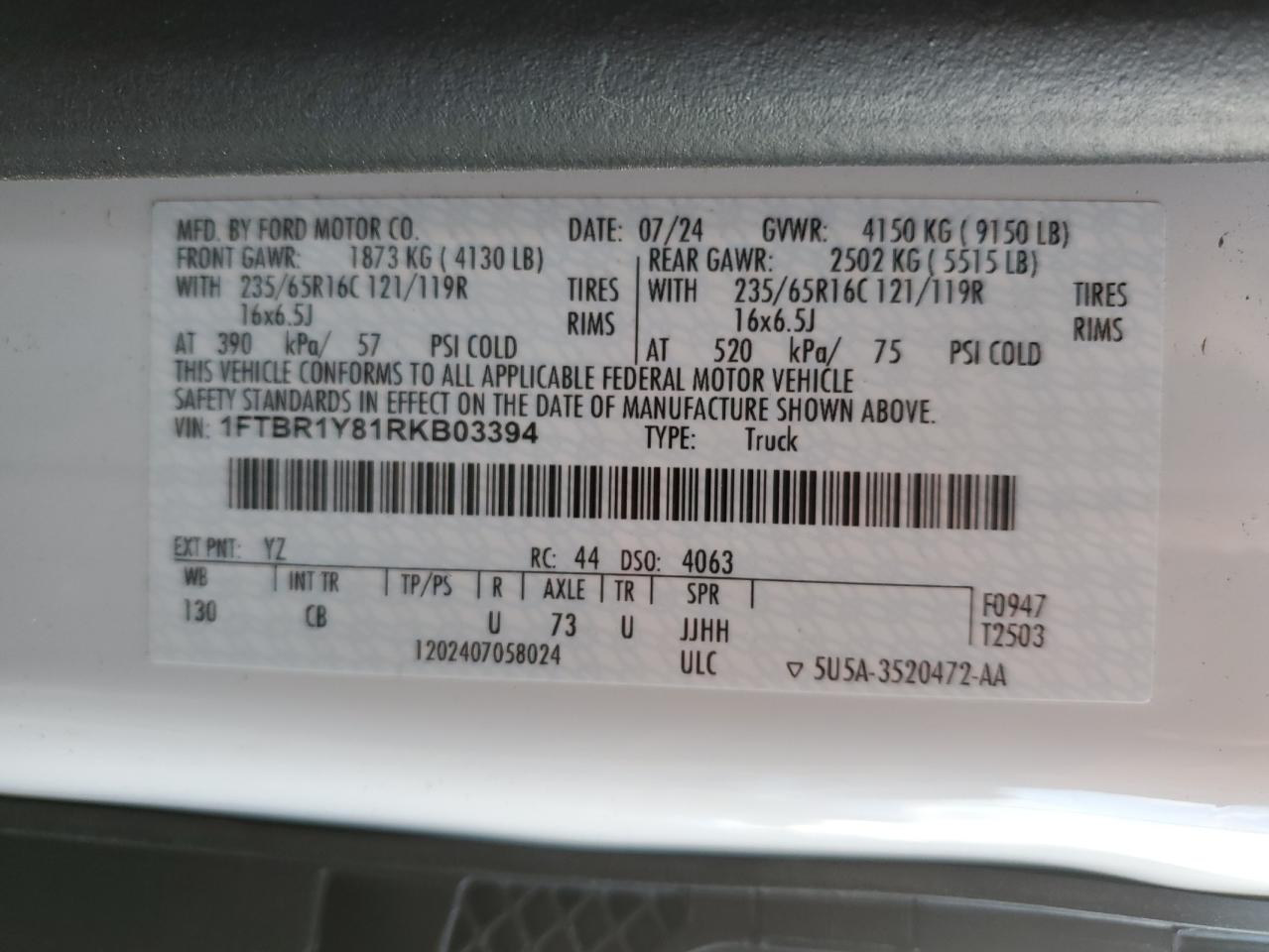 2024 Ford Transit Delivery Van VIN: 1FTBR1Y81RKB03394 Lot: 91941355