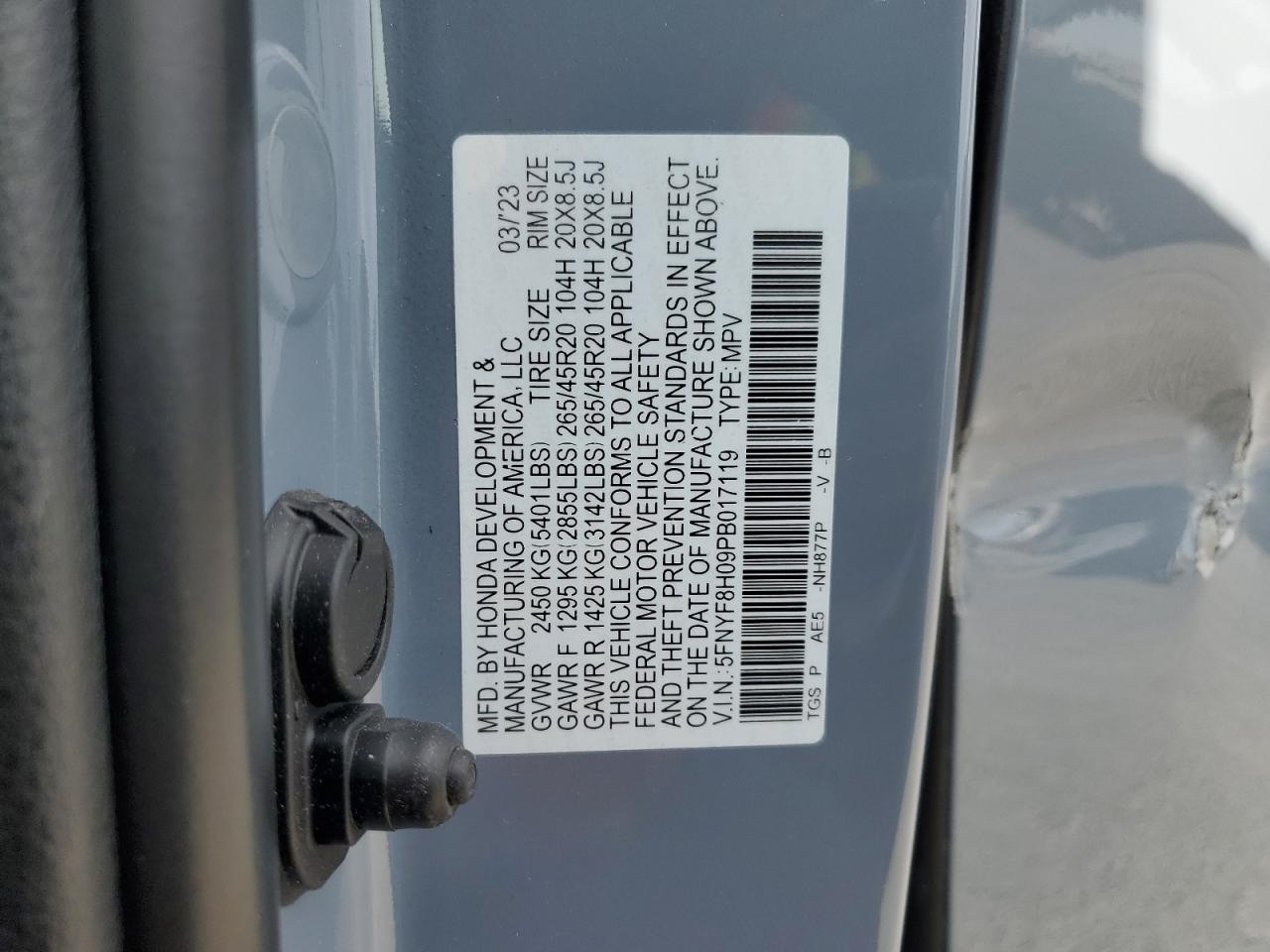 2023 Honda Passport Elite VIN: 5FNYF8H09PB017119 Lot: 92467955
