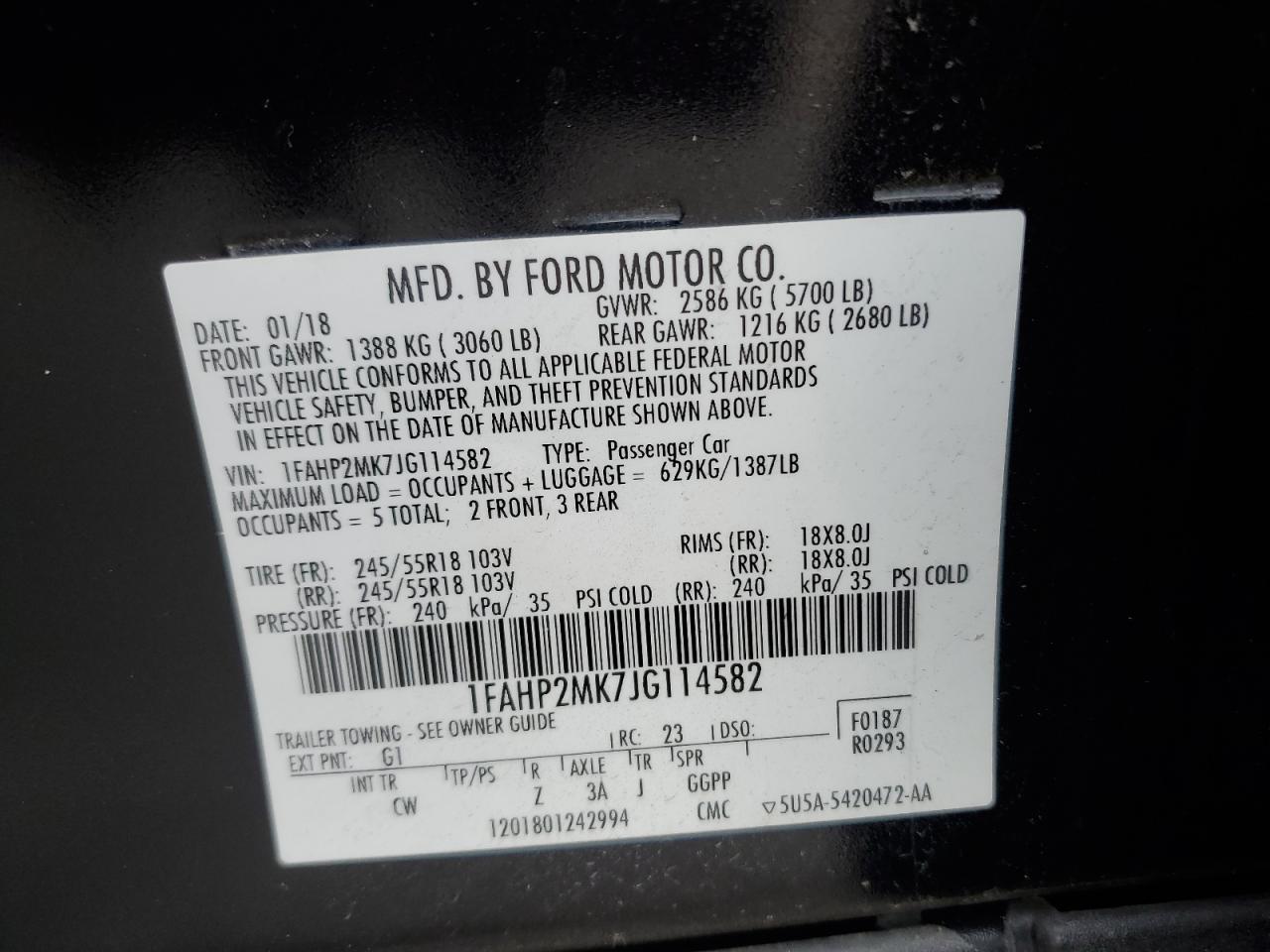 2018 Ford Taurus Police Interceptor VIN: 1FAHP2MK7JG114582 Lot: 93663035