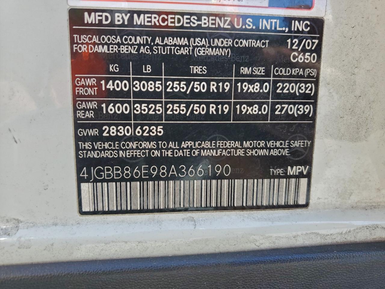 2008 Mercedes-Benz Ml 350 VIN: 4JGBB86E98A366190 Lot: 93692395