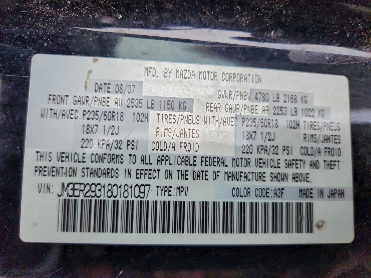 2008 Mazda Cx-7 VIN: JM3ER293180181097 Lot: 92509175