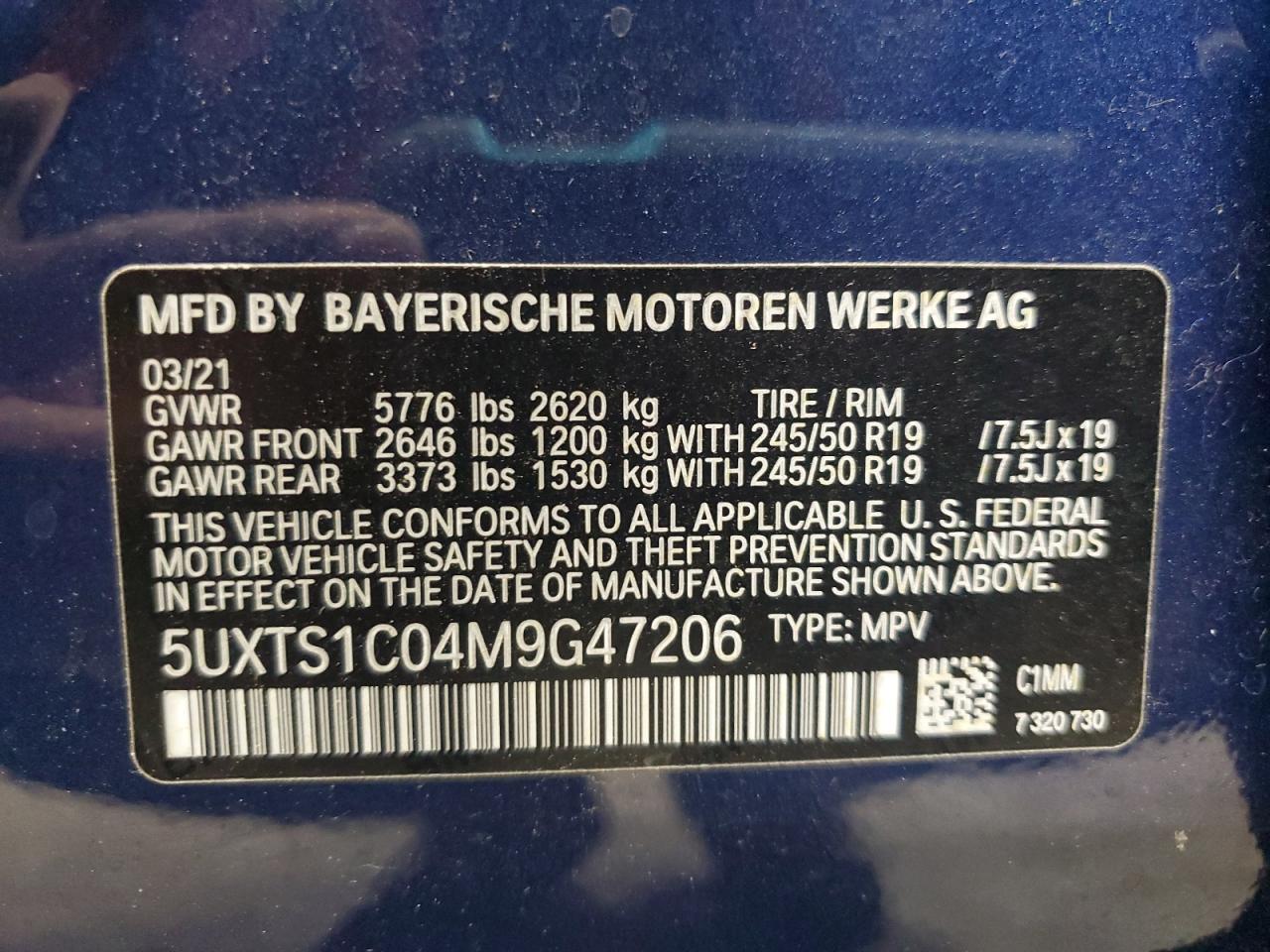2021 BMW X3 xDrive30E VIN: 5UXTS1C04M9G47206 Lot: 93496045