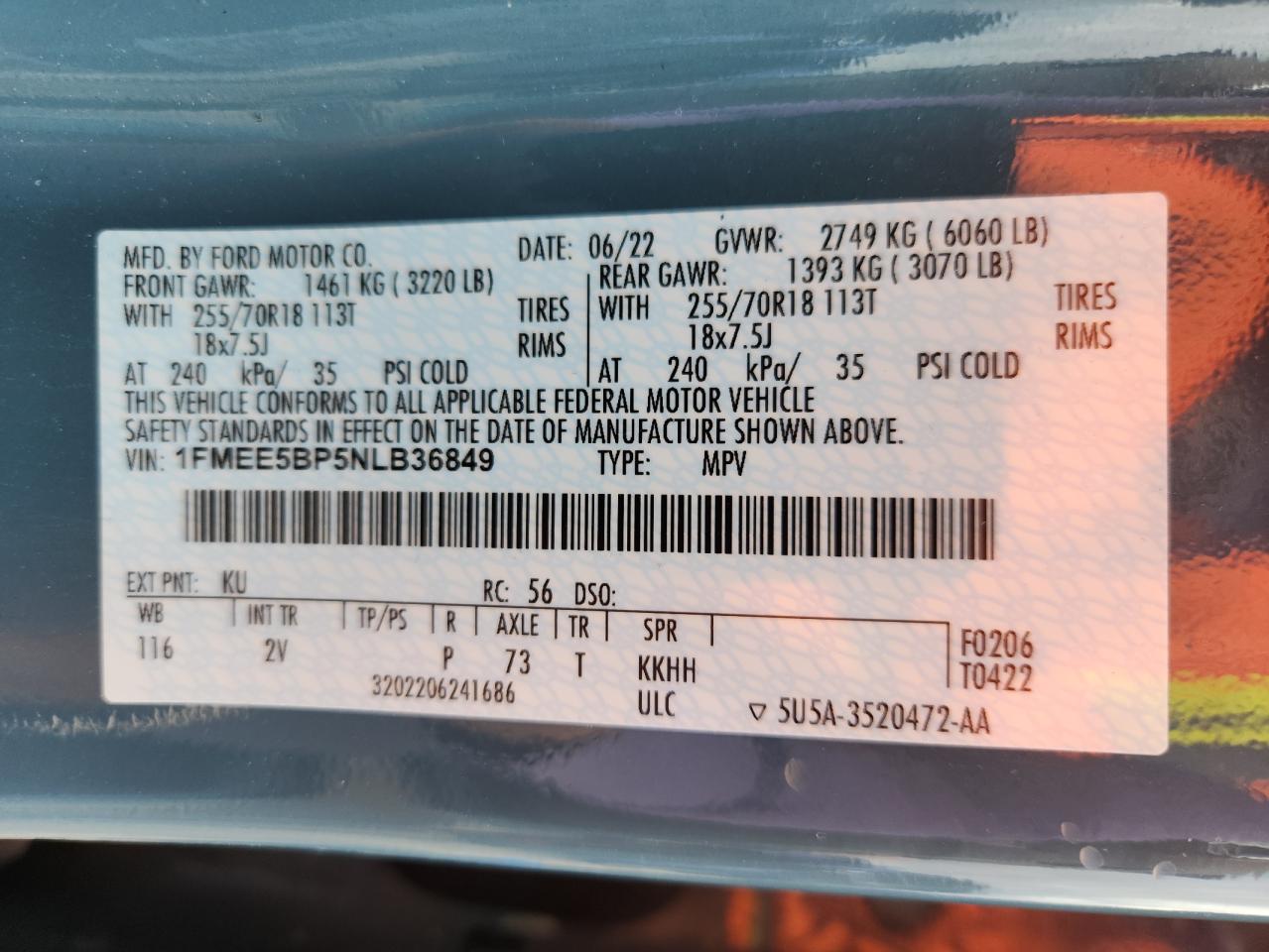 2022 Ford Bronco Base VIN: 1FMEE5BP5NLB36849 Lot: 93266225