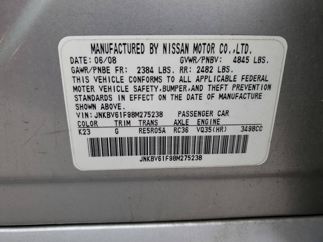 2008 Infiniti G35 VIN: JNKBV61F98M275238 Lot: 91943255