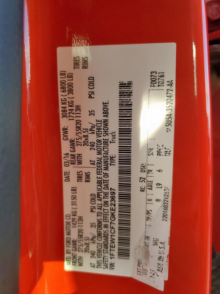 2016 Ford F150 Supercrew VIN: 1FTEW1CF7GKE23697 Lot: 91630315