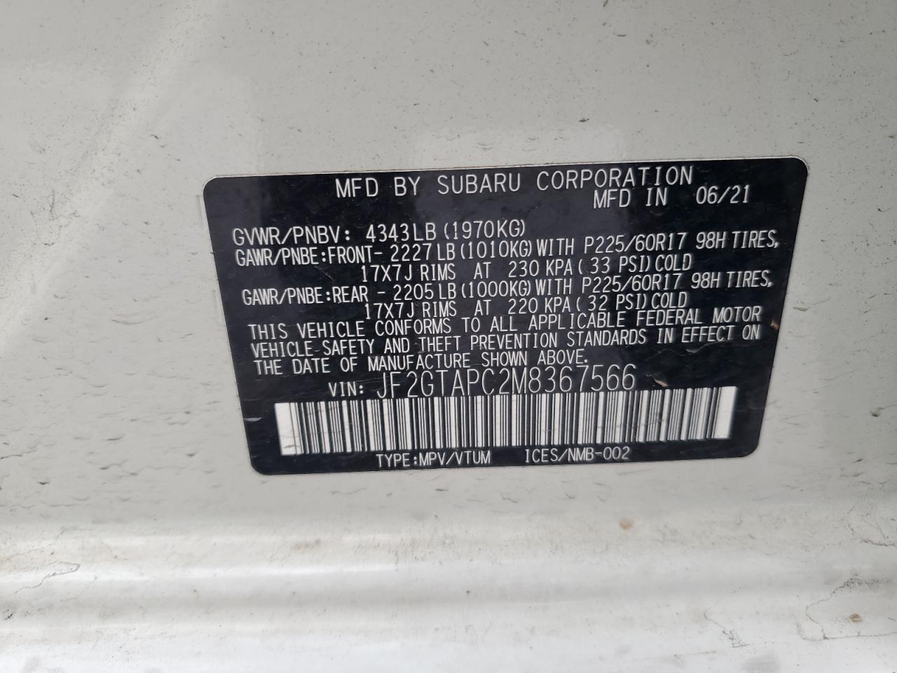 2021 Subaru Crosstrek Premium VIN: JF2GTAPC2M8367566 Lot: 92328175