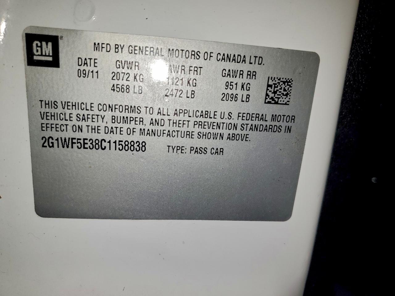 2012 Chevrolet Impala Ls VIN: 2G1WF5E38C1158838 Lot: 91698725