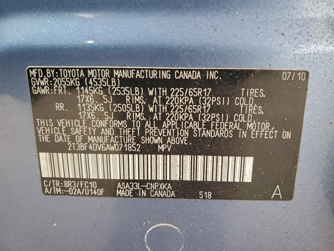 2010 Toyota Rav4 VIN: 2T3BF4DV6AW071852 Lot: 93704515