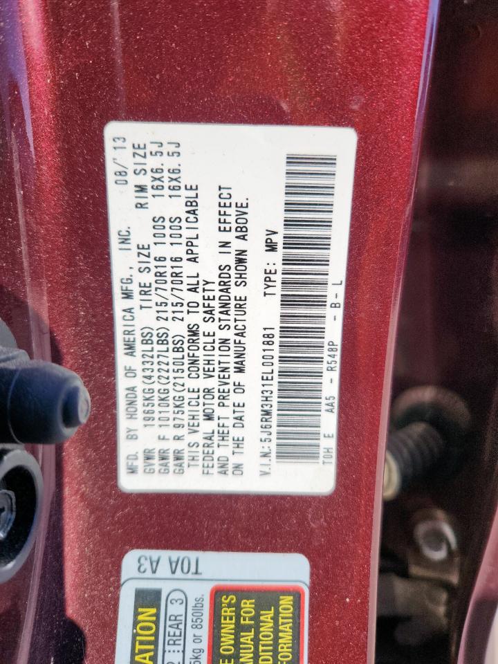 2014 Honda Cr-V Lx VIN: 5J6RM3H31EL001881 Lot: 92352145