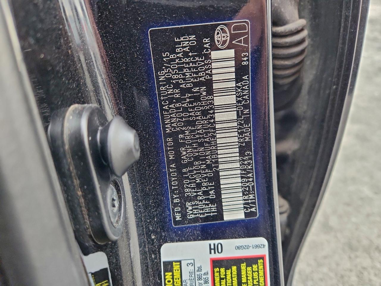 2015 Toyota Corolla L VIN: 2T1BURHE2FC434338 Lot: 94231765