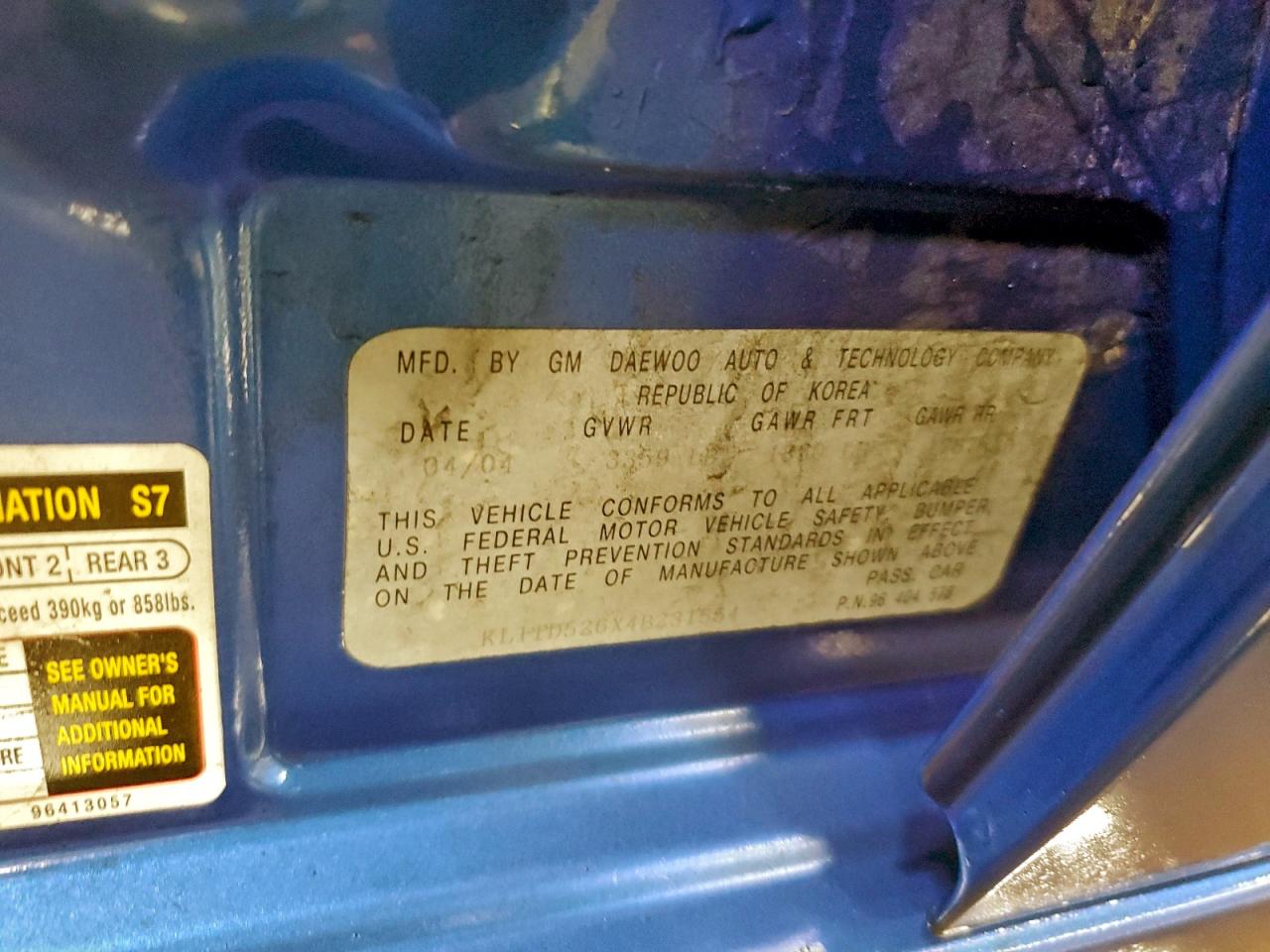 2004 Chevrolet Aveo VIN: KL1TD526X4B231554 Lot: 94275105