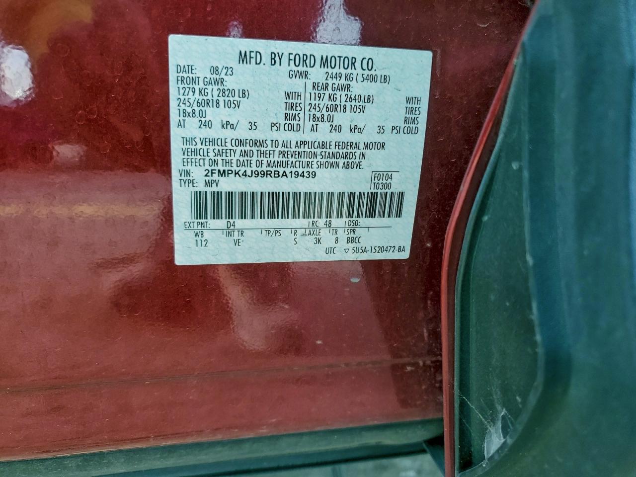 2024 Ford Edge Sel VIN: 2FMPK4J99RBA19439 Lot: 93894995