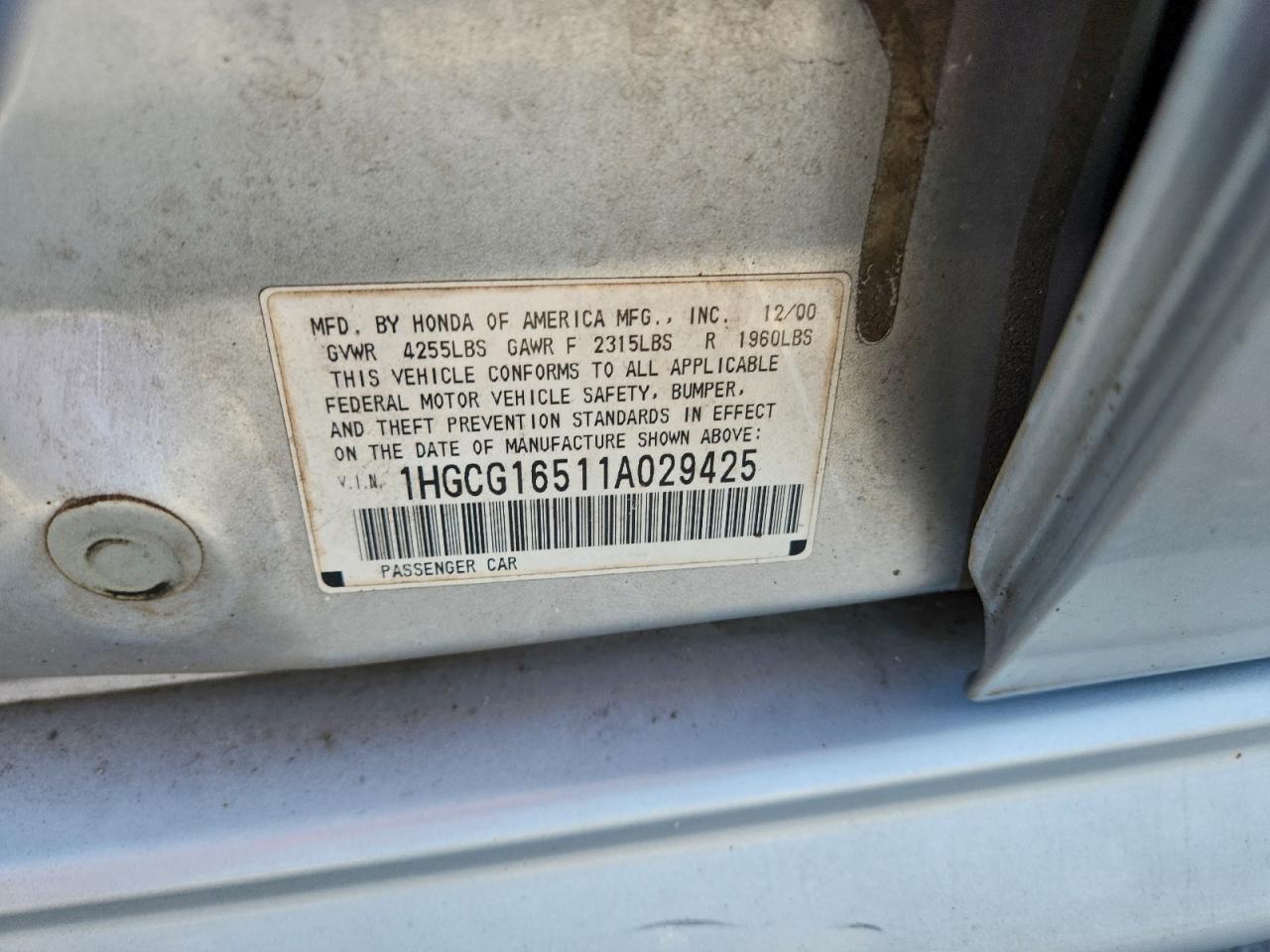 2001 Honda Accord Ex VIN: 1HGCG16511A029425 Lot: 94257335