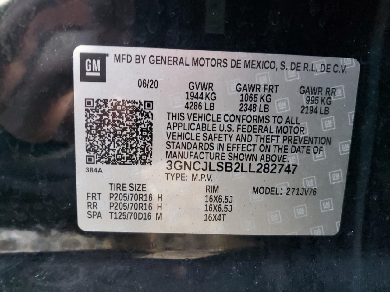 2020 Chevrolet Trax 1Lt VIN: 3GNCJLSB2LL282747 Lot: 91008625