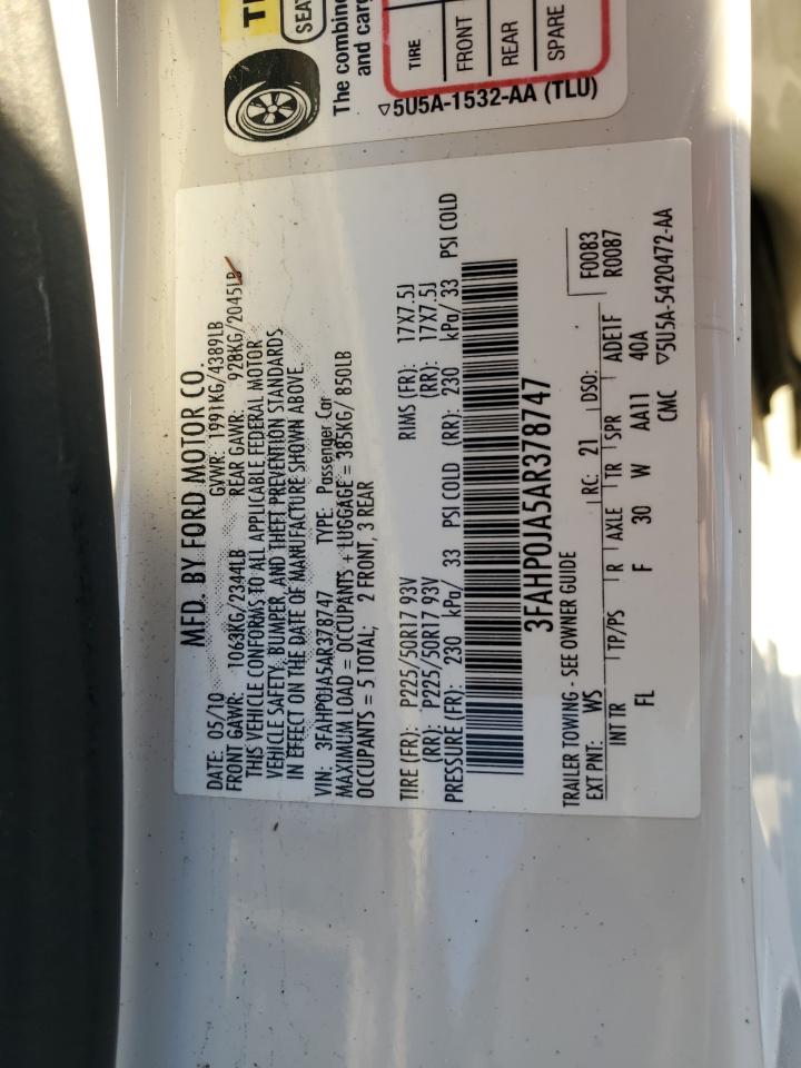 2010 Ford Fusion Sel VIN: 3FAHP0JA5AR378747 Lot: 91109345