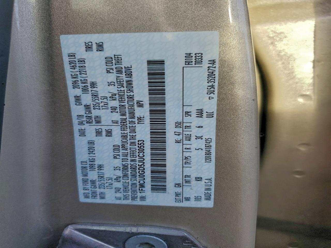 2018 Ford Escape Se VIN: 1FMCU0GD5JUC30553 Lot: 93379145