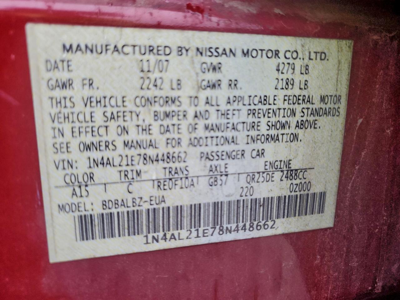 2008 Nissan Altima 2.5 VIN: 1N4AL21E78N448662 Lot: 93141005