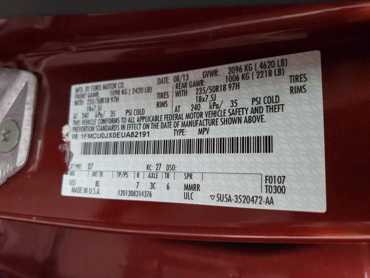 2014 Ford Escape Titanium VIN: 1FMCU0JX0EUA82191 Lot: 92367335