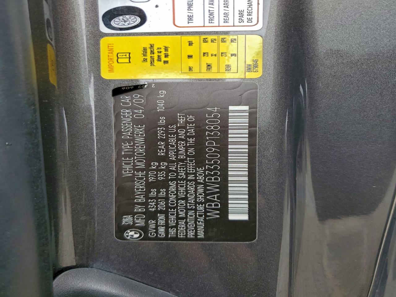 2009 BMW 328 I VIN: WBAWB33509P138054 Lot: 93530055