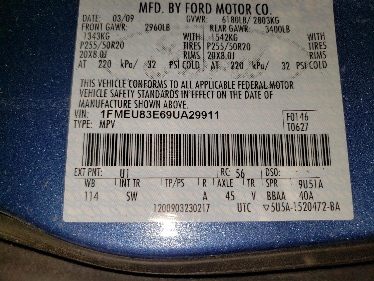 2009 Ford Explorer Xlt VIN: 1FMEU83E69UA29911 Lot: 92319805