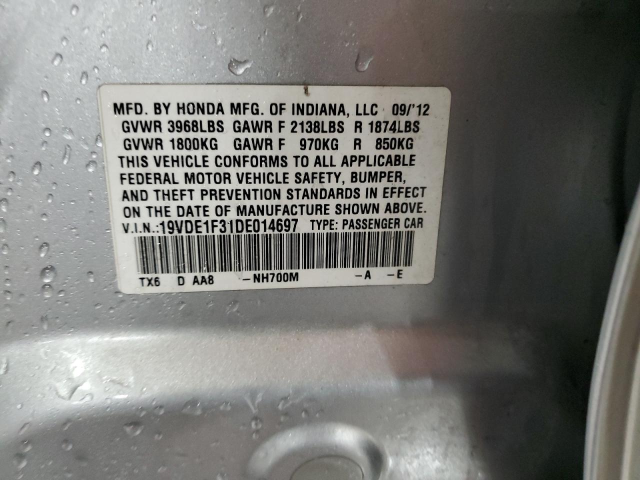 2013 Acura Ilx 20 VIN: 19VDE1F31DE014697 Lot: 93607925