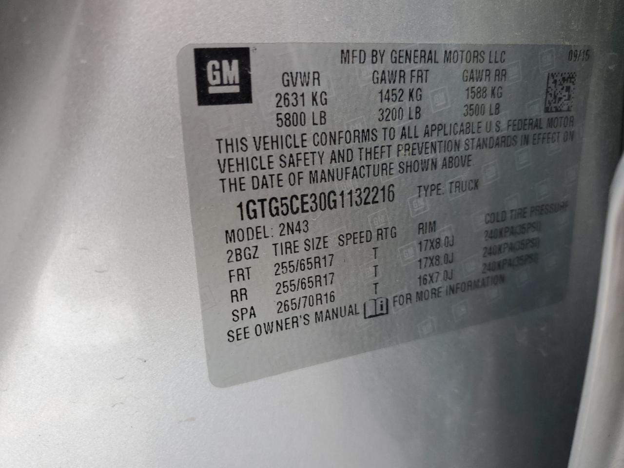 2016 GMC Canyon Sle VIN: 1GTG5CE30G1132216 Lot: 92466825