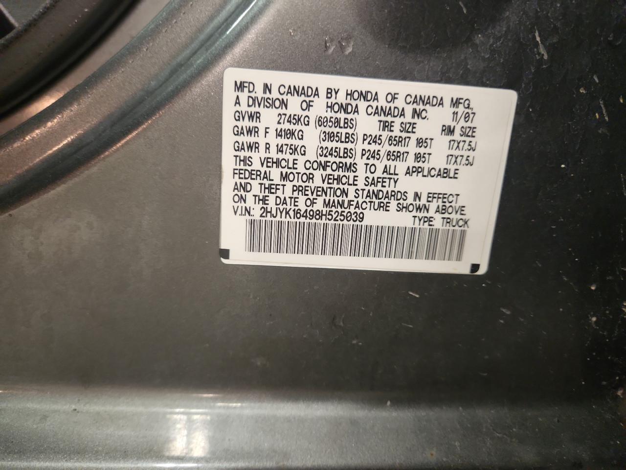 2008 Honda Ridgeline Rts VIN: 2HJYK16498H525039 Lot: 92950825