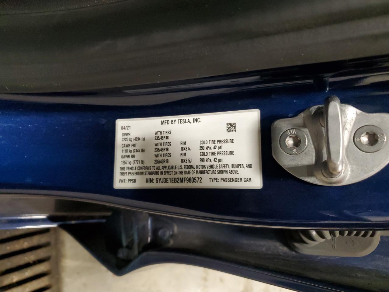 2021 Tesla Model 3 VIN: 5YJ3E1EB2MF960572 Lot: 93247005