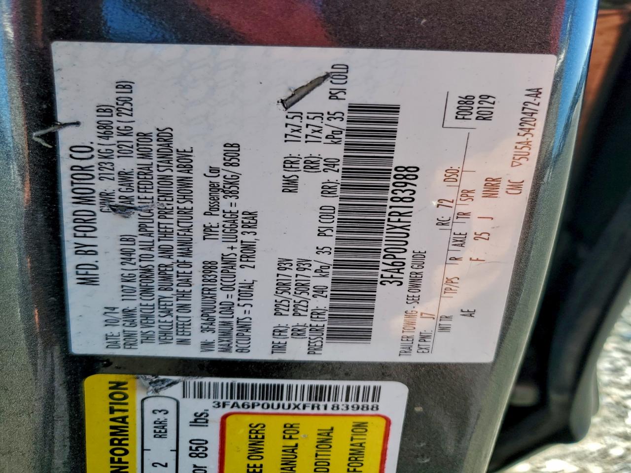 2015 Ford Fusion S Hybrid VIN: 3FA6P0UUXFR183988 Lot: 93669055