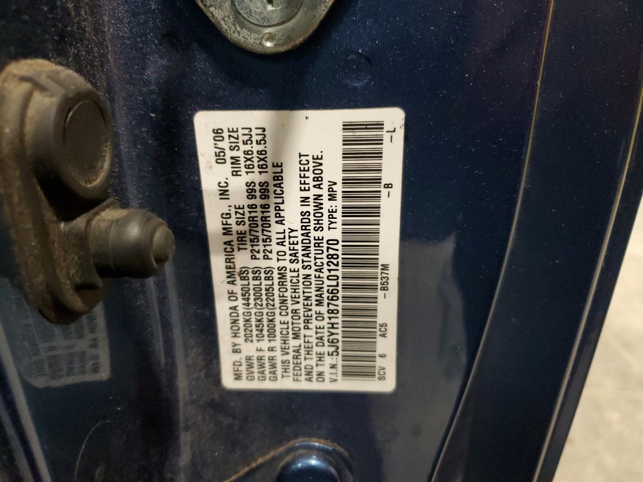 2006 Honda Element Ex VIN: 5J6YH18766L012870 Lot: 93770125