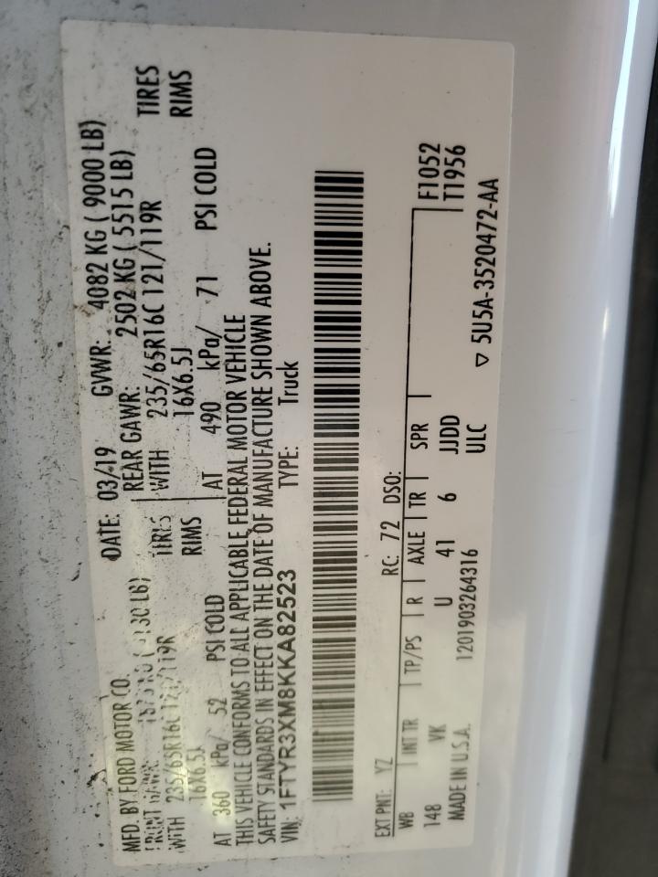 2019 Ford Transit T-250 VIN: 1FTYR3XM8KKA82523 Lot: 92921035