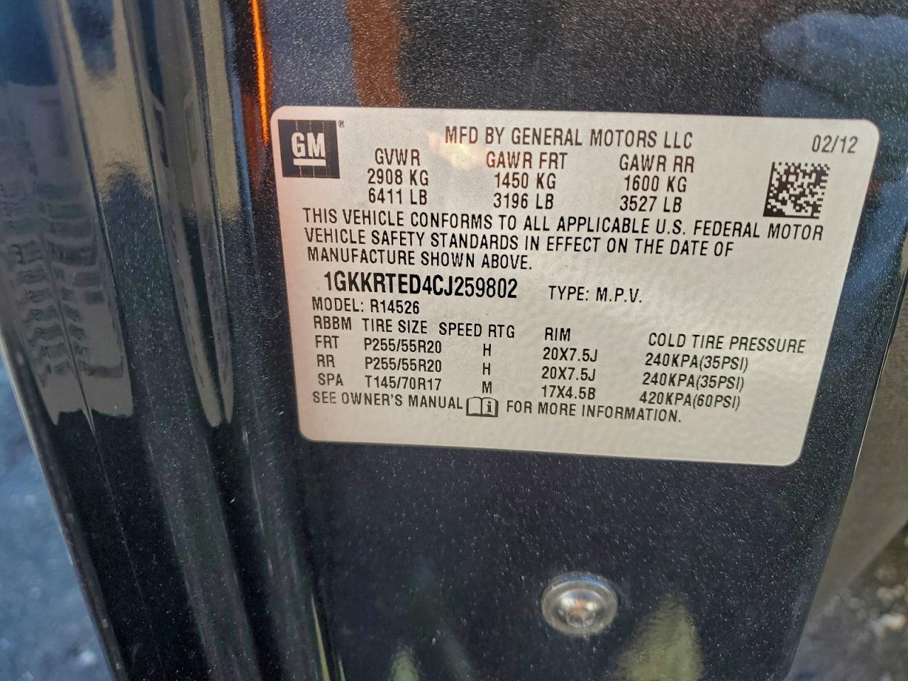 2012 GMC Acadia Denali VIN: 1GKKRTED4CJ259802 Lot: 93303745