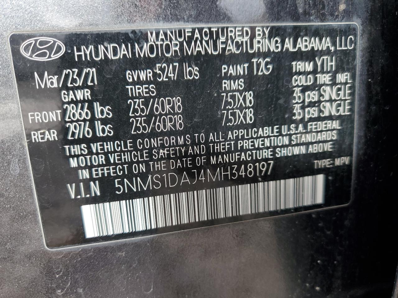 2021 Hyundai Santa Fe Se VIN: 5NMS1DAJ4MH348197 Lot: 92784185