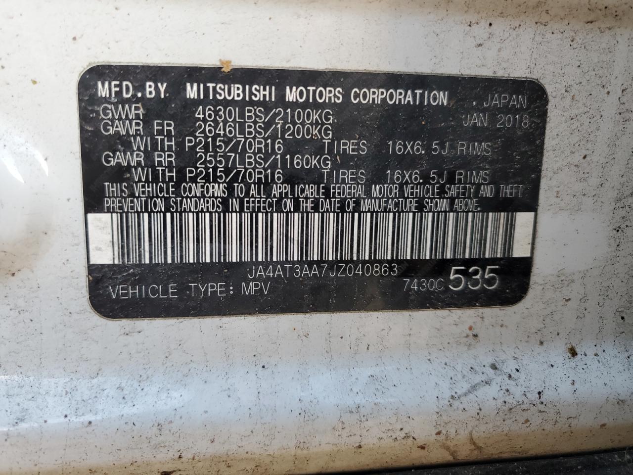 2018 Mitsubishi Eclipse Cross Es VIN: JA4AT3AA7JZ040863 Lot: 93423775