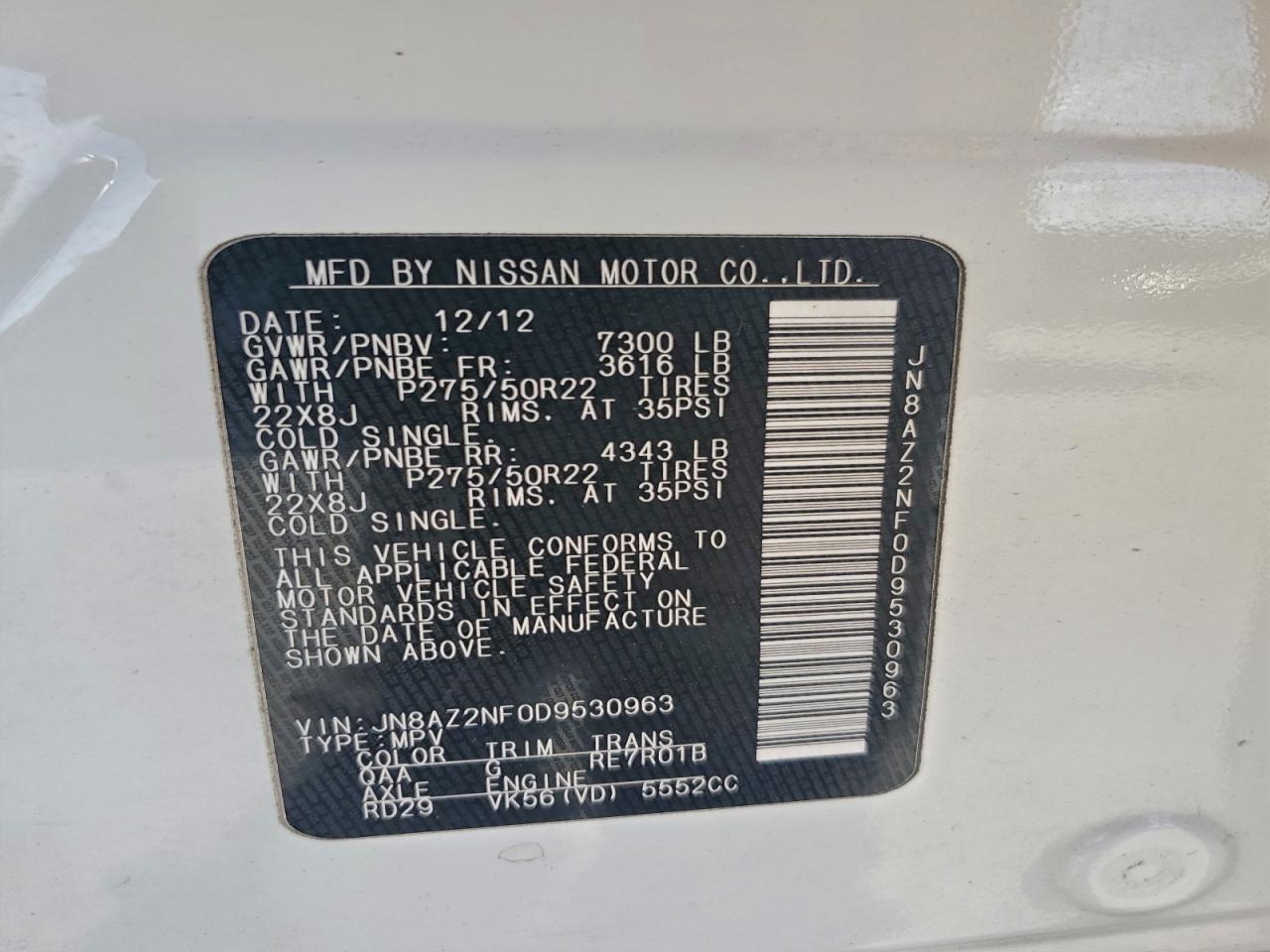 2013 Infiniti Qx56 VIN: JN8AZ2NF0D9530963 Lot: 92093605