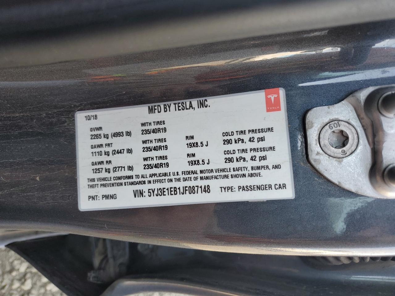 2018 Tesla Model 3 VIN: 5YJ3E1EB1JF087148 Lot: 87414135