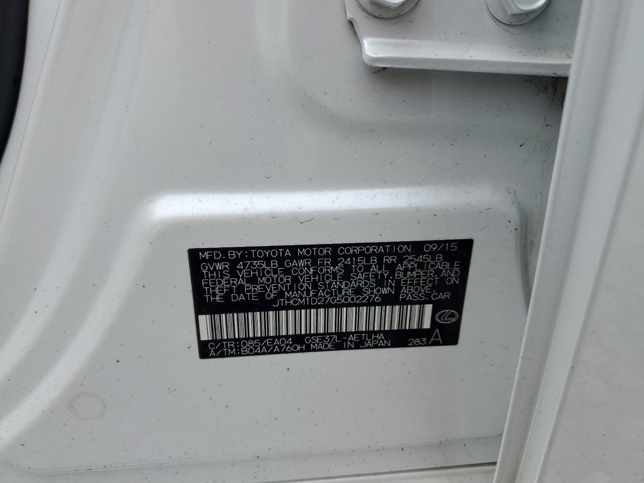 2016 Lexus Is 300 VIN: JTHCM1D27G5002276 Lot: 92460935