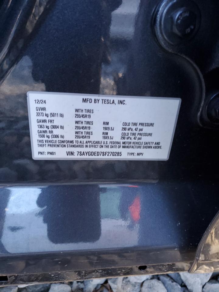 2025 Tesla Model Y VIN: 7SAYGDED7SF270285 Lot: 91195105