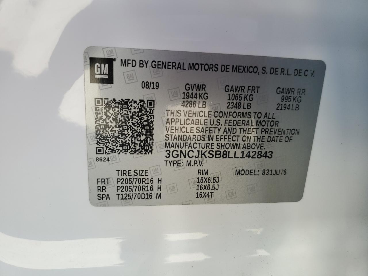 2020 Chevrolet Trax Ls VIN: 3GNCJKSB8LL142843 Lot: 92580295