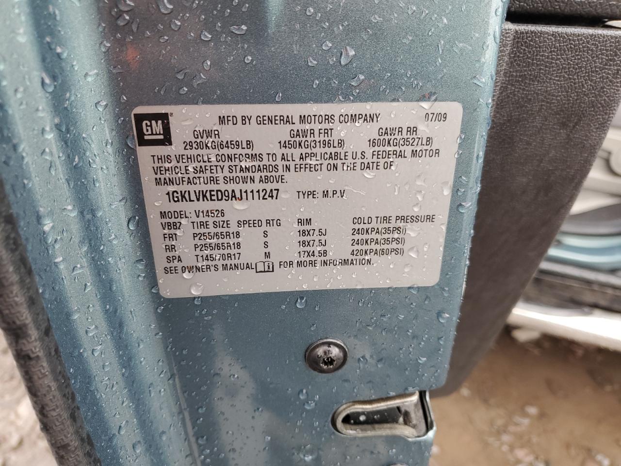 2010 GMC Acadia Sl VIN: 1GKLVKED9AJ111247 Lot: 91202135