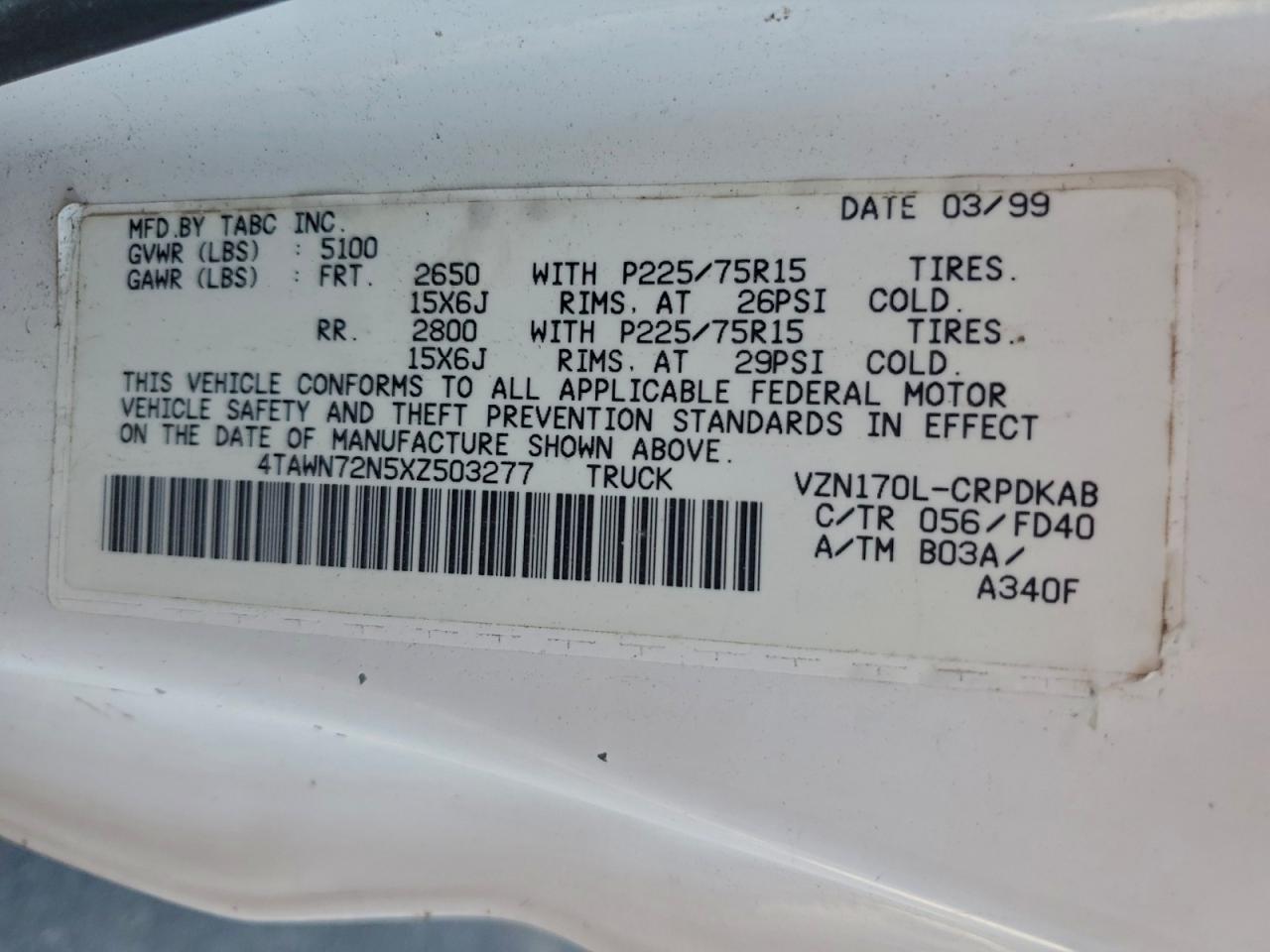 1999 Toyota Tacoma Xtracab VIN: 4TAWN72N5XZ503277 Lot: 92461475