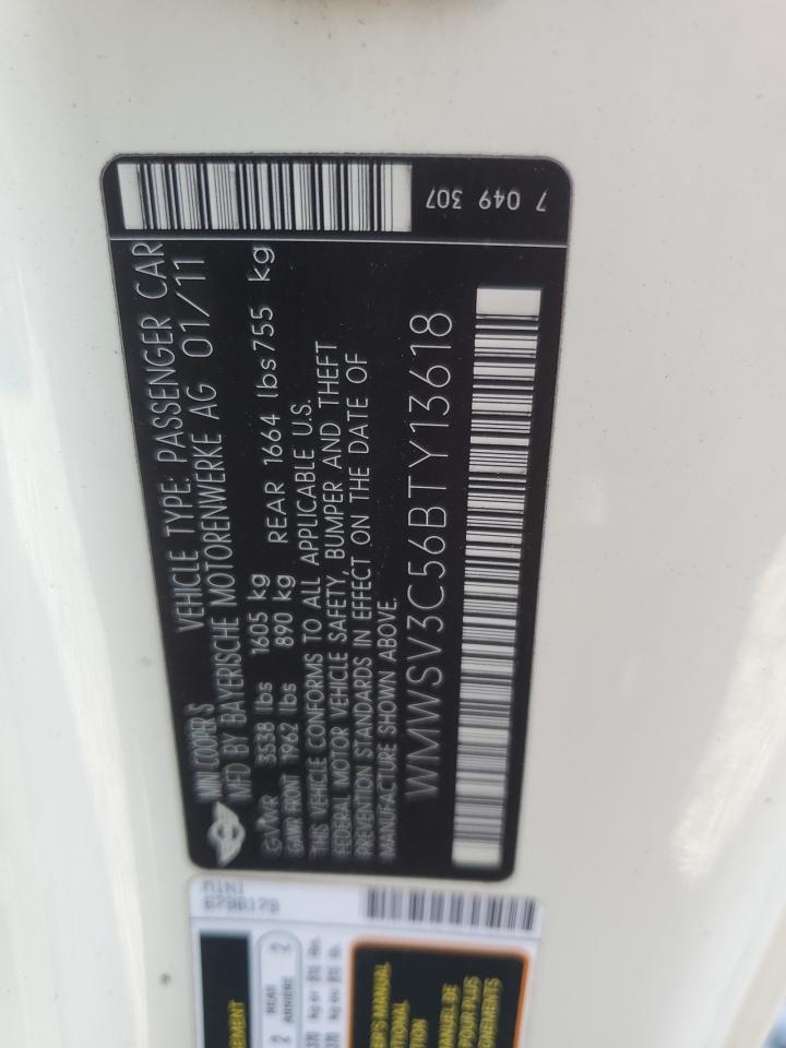 2011 Mini Cooper S VIN: WMWSV3C56BTY13618 Lot: 93323475