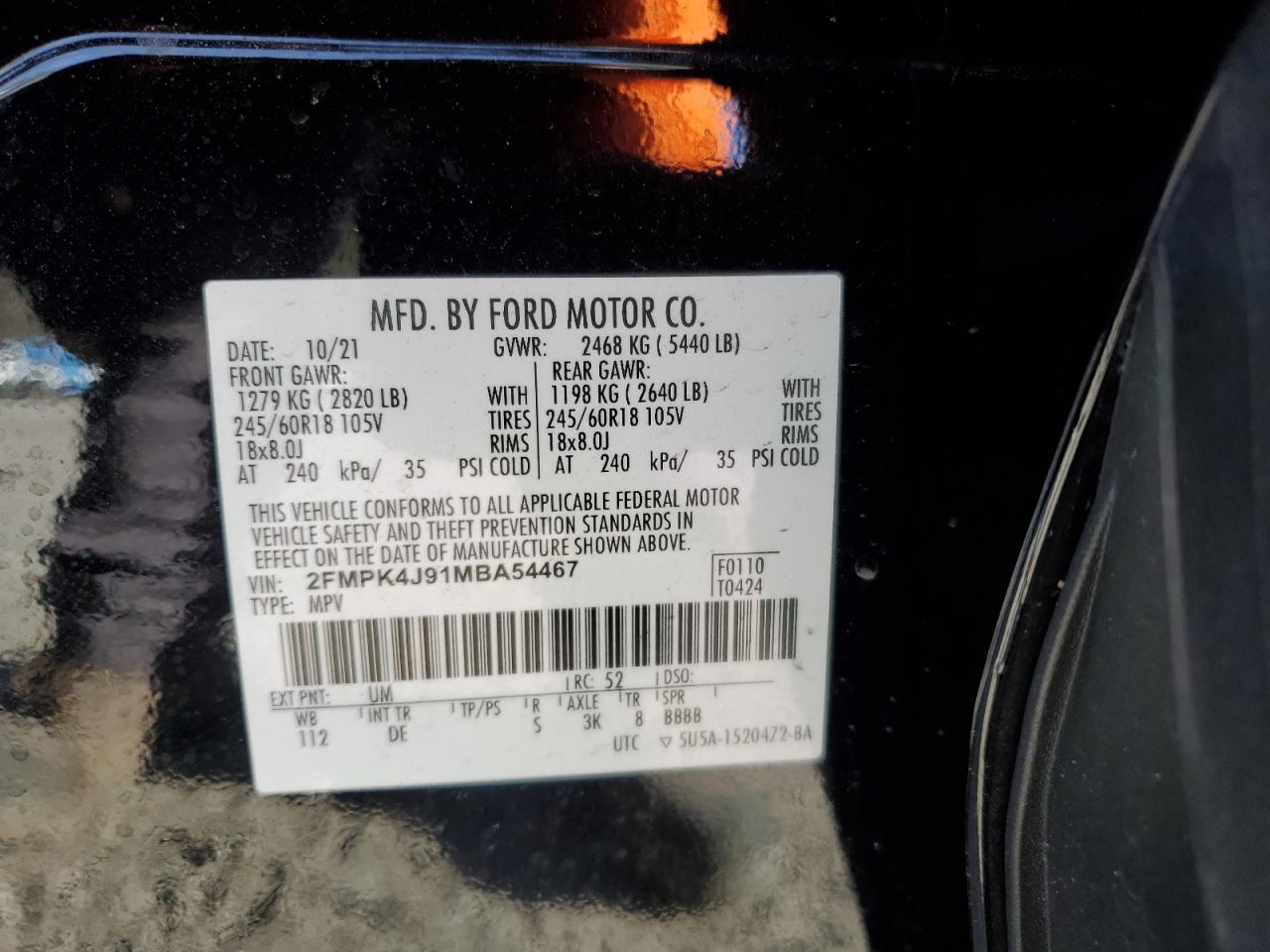 2021 Ford Edge Sel VIN: 2FMPK4J91MBA54467 Lot: 93832675