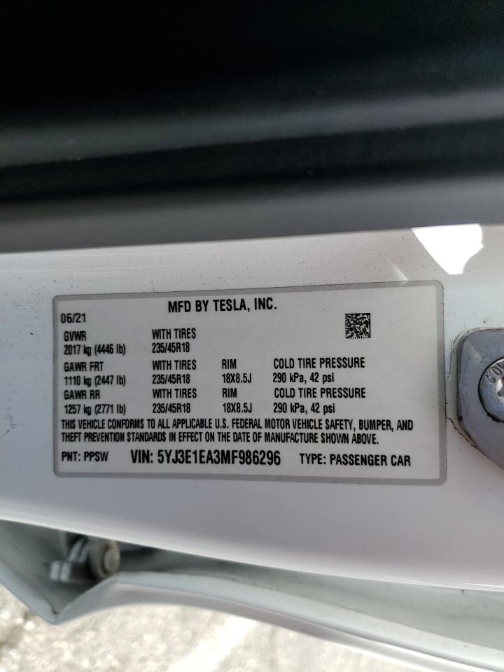 2021 Tesla Model 3 VIN: 5YJ3E1EA3MF986296 Lot: 90517585