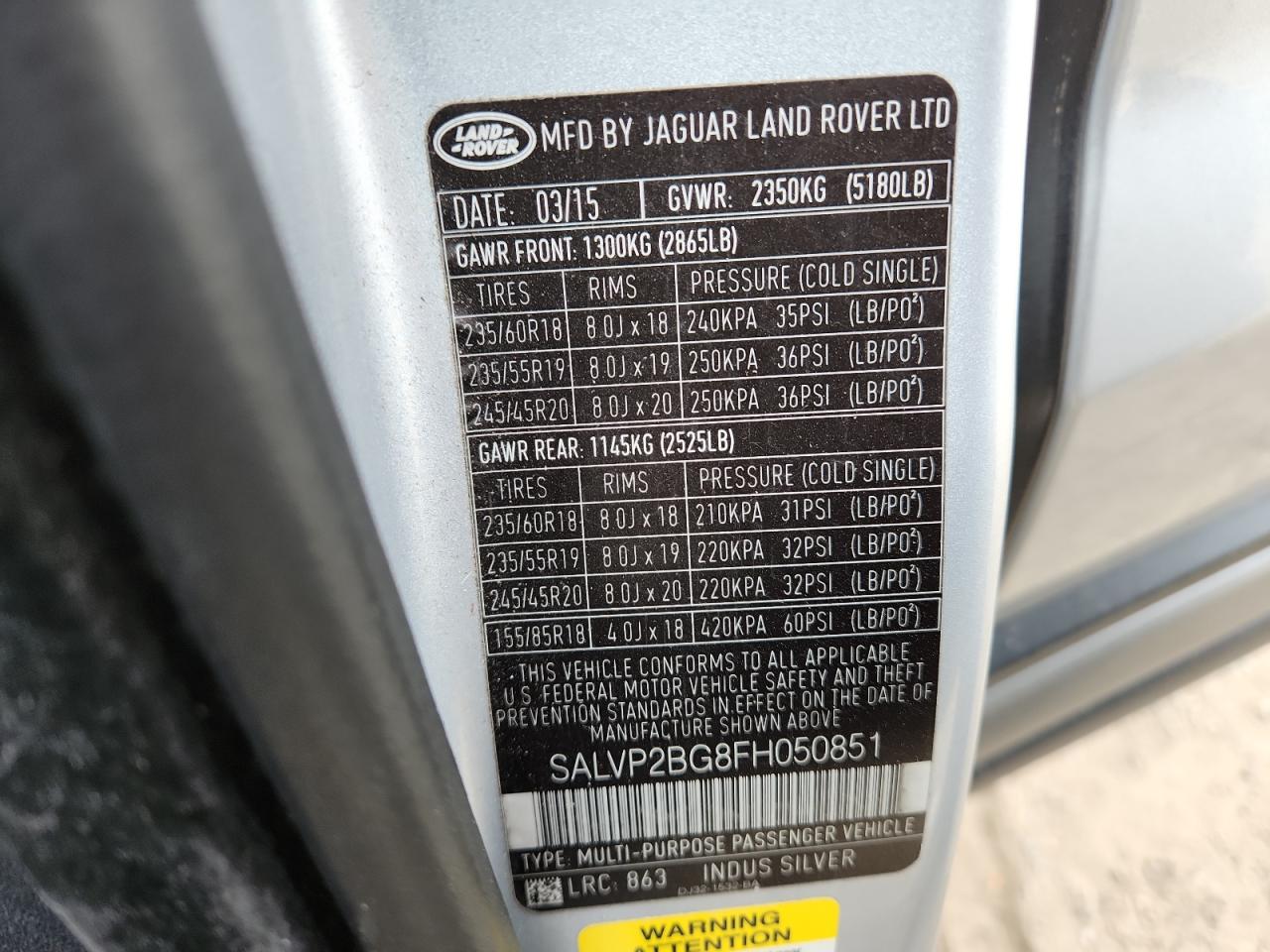 2015 Land Rover Range Rover Evoque Pure Plus VIN: SALVP2BG8FH050851 Lot: 92364155