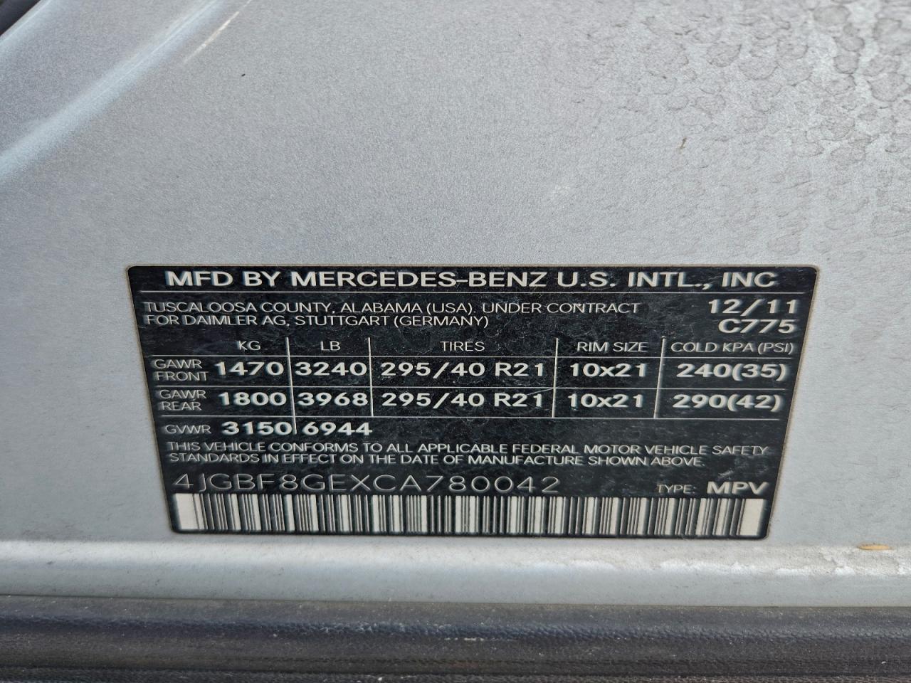 2012 Mercedes-Benz Gl 550 4Matic VIN: 4JGBF8GEXCA780042 Lot: 94017925